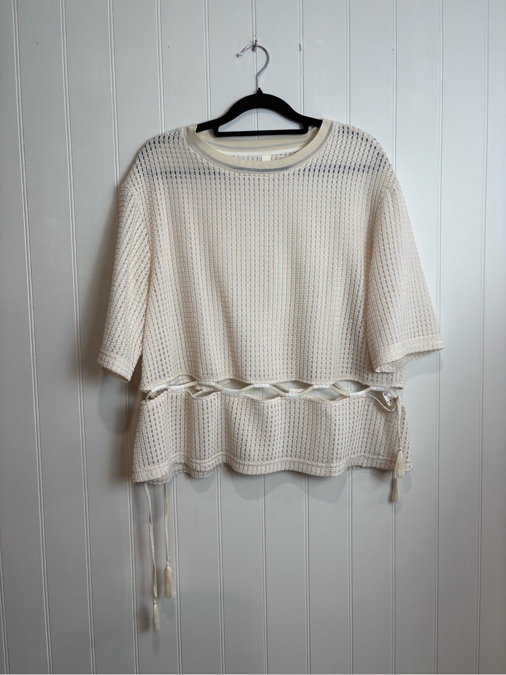 Mu Designer Label Cream Open Weave Cutout Tunic Top Boho Resort Lagenlook M/L - Picture 2 of 8